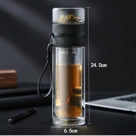 Transparent Glass Tea Cup Portable Water Tea Bottle with Separate Cup CLH@8