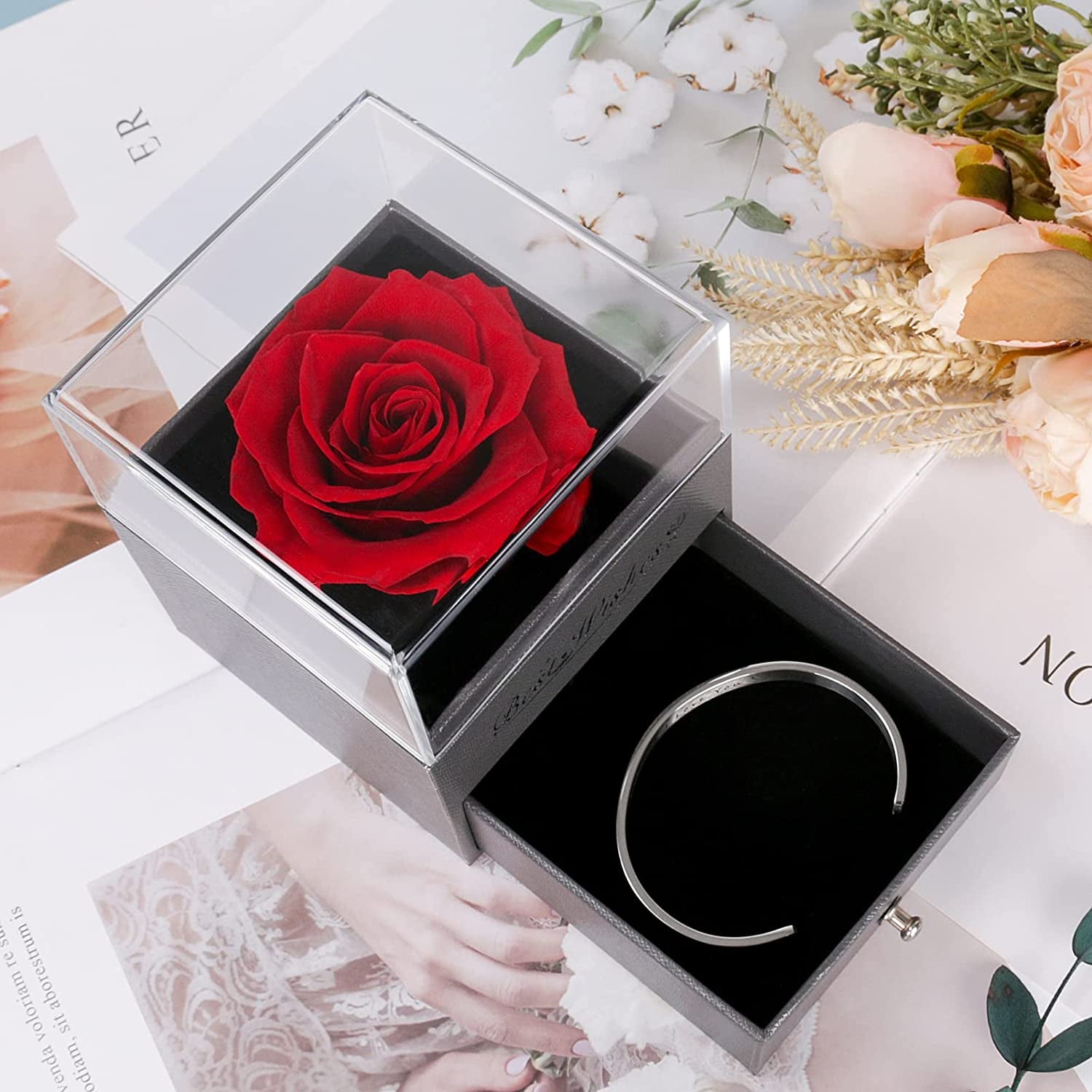 Christmas Rose Flower Gifts for Mom,Preserved Red Real Rose Gift with Remember I Love You Cuff Bangle, Birthday Gifts for Her, Mom Gifts for Christmas,Preserved Flower Gifts for Wife,Girlfriend,Mother