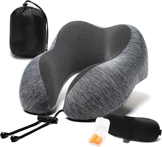 Travel Pillow, 100% Memory Foam Neck Pillow with Comfortable Breathable Cover, Airplane Travel Kit Cooling Pillow with 3D Eye Mask, Ear Plugs and Organizer Bag, Machine Washable, Grey/Blue (Grey)