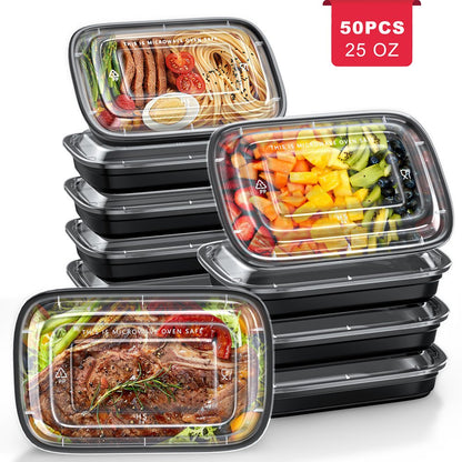 50 Pack Meal Prep Containers, 25Oz Plastic Food Storage Containers with Lids to Go Containers, Bento Box Reusable BPA Free Lunch Boxes, Disposable Stackable, Microwave/Dishwasher/Freezer Safe