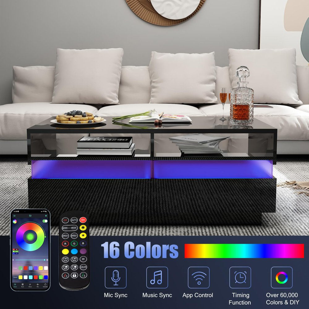 Modern LED Coffee Table W/ 2 Big Storage Drawers,High Glossy 2-Tier Black Coffee Table W/ 60000-Color LED Lights,App Control,Rectangle Center Table W/Open Shelf for Living Room Bedroom