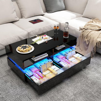 Modern LED Coffee Table W/ 2 Big Storage Drawers,High Glossy 2-Tier Black Coffee Table W/ 60000-Color LED Lights,App Control,Rectangle Center Table W/Open Shelf for Living Room Bedroom