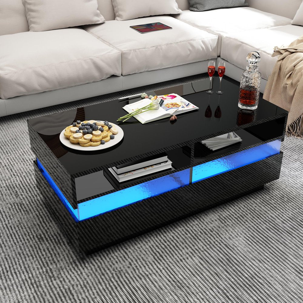 Modern LED Coffee Table W/ 2 Big Storage Drawers,High Glossy 2-Tier Black Coffee Table W/ 60000-Color LED Lights,App Control,Rectangle Center Table W/Open Shelf for Living Room Bedroom