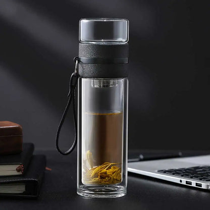 Transparent Glass Tea Cup Portable Water Tea Bottle with Separate Cup CLH@8