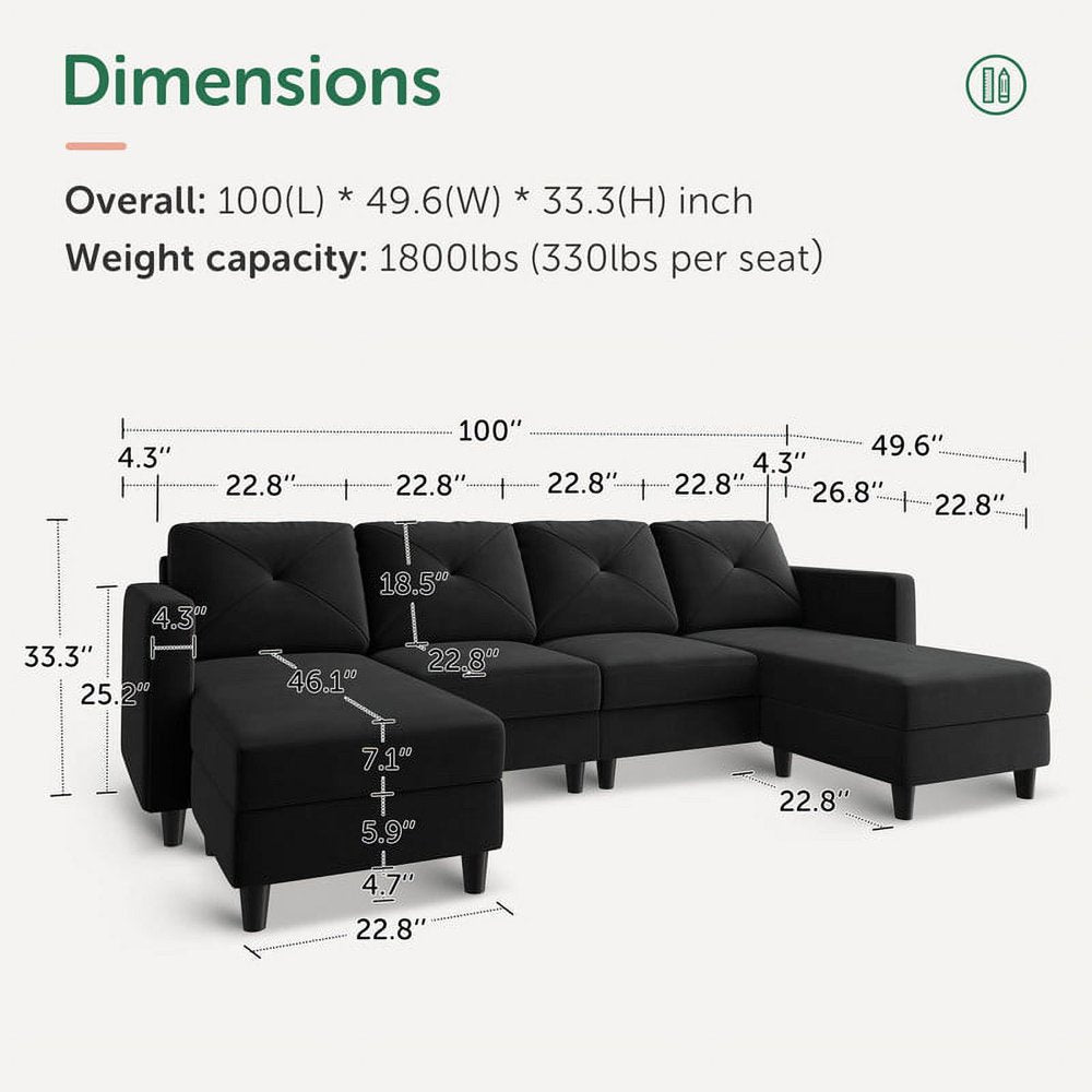 Velvet L/U Shaped Sectional Sofa Couch with Reversible Chaise and Ottoman for Apartment, Black