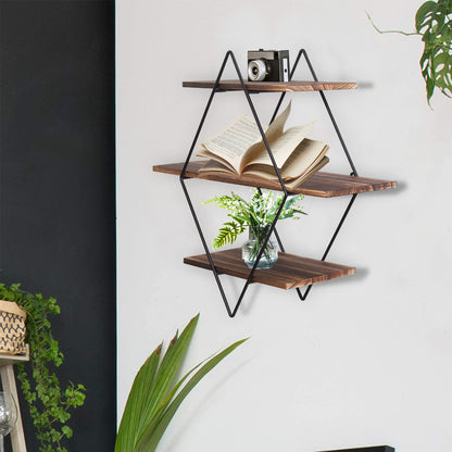 3 Tier Industrial Geometry Wood Floating Shelf Heavy Duty Hanging Wall Mounted Unit