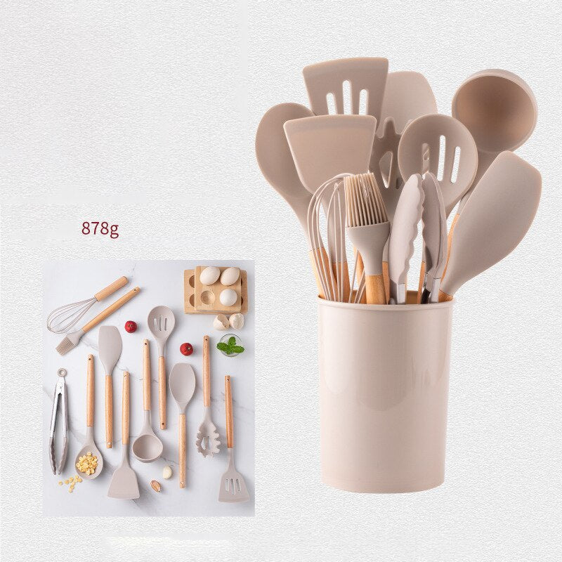 Khaki Kitchen Tools 12 Piece Silicone Spatula with Storage Bucket Wooden Handle Silicone Kitchen Set Cooking Kitchen Accessories