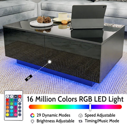 Coffee Table with 4 Drawers LED Center Table Sofa Side Tea Tables Black High Gloss Finish