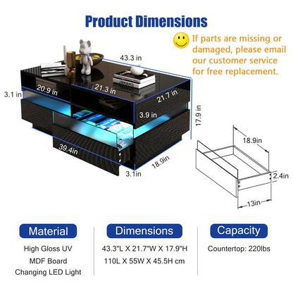 Modern LED Coffee Table W/ 2 Big Storage Drawers,High Glossy 2-Tier Black Coffee Table W/ 60000-Color LED Lights,App Control,Rectangle Center Table W/Open Shelf for Living Room Bedroom