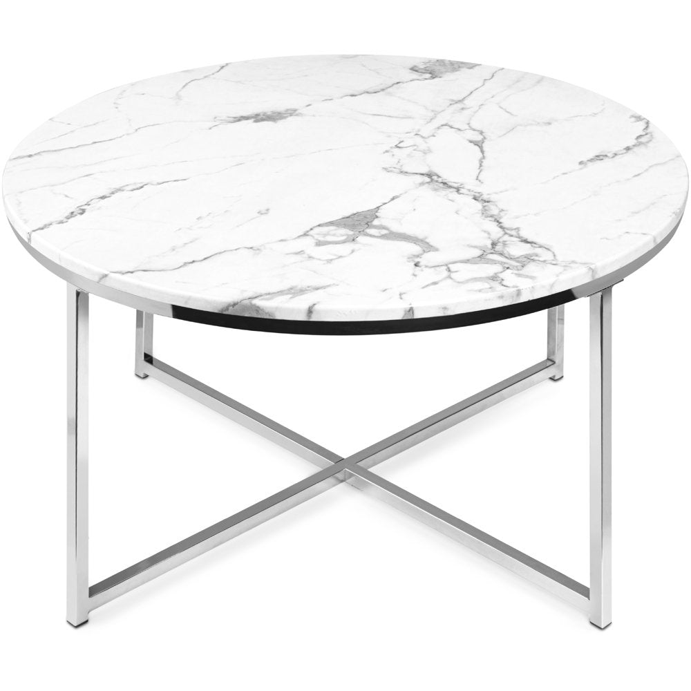 36In Faux Marble Modern round Living Room Accent Coffee Table W/ Metal Frame - White/Chrome