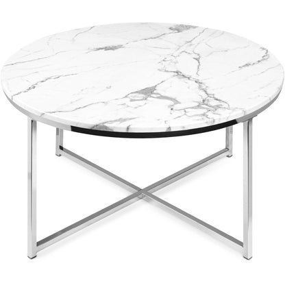 36In Faux Marble Modern round Living Room Accent Coffee Table W/ Metal Frame - White/Chrome