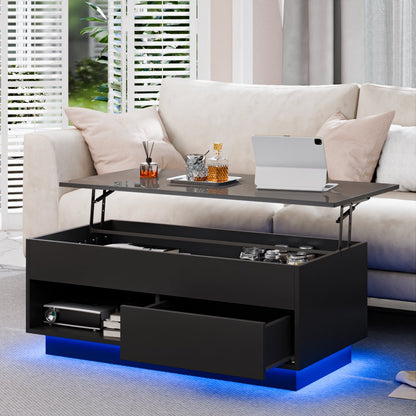 Lift Top Coffee Table with LED 39.4" Modern Rectangle Sofa Side Cocktail Tables Rising Lift up with Hidden Storage Drawer for Living Room