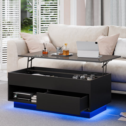 Lift Top Coffee Table with LED 39.4" Modern Rectangle Sofa Side Cocktail Tables Rising Lift up with Hidden Storage Drawer for Living Room