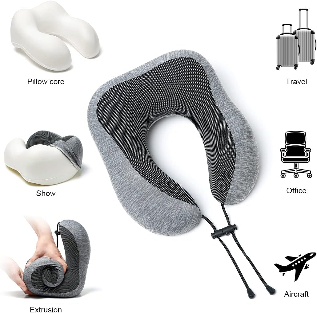 Travel Pillow, 100% Memory Foam Neck Pillow with Comfortable Breathable Cover, Airplane Travel Kit Cooling Pillow with 3D Eye Mask, Ear Plugs and Organizer Bag, Machine Washable, Grey/Blue (Grey)