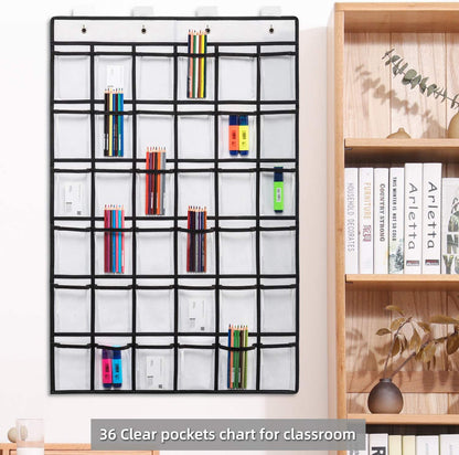 Classroom Pocket Chart for Cell Phone and Calculator Holder, 36 Clear Pocket Chart Organizer for Classroom Cellphone Storage with 36 Number Sticker Size:38.5X25.7 Inch (White-2Pack)