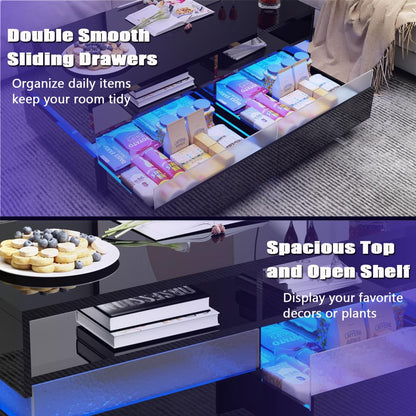 Modern LED Coffee Table W/ 2 Big Storage Drawers,High Glossy 2-Tier Black Coffee Table W/ 60000-Color LED Lights,App Control,Rectangle Center Table W/Open Shelf for Living Room Bedroom