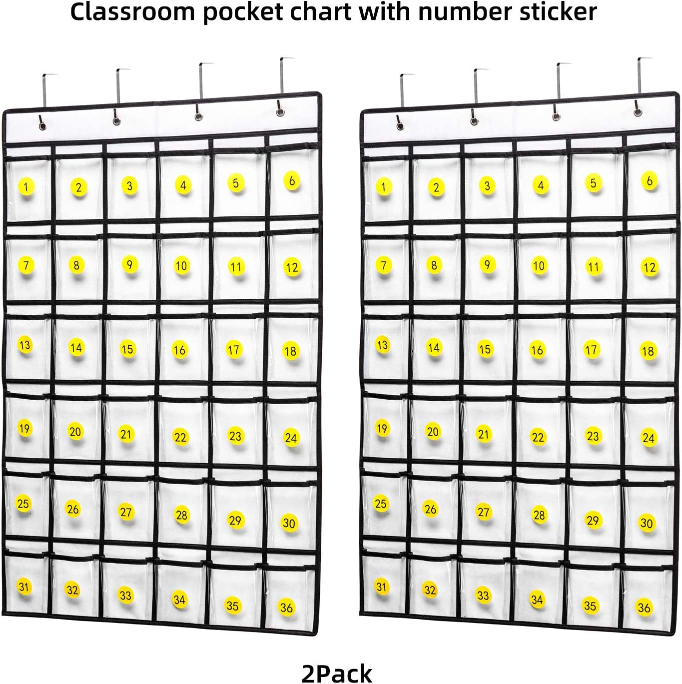 Classroom Pocket Chart for Cell Phone and Calculator Holder, 36 Clear Pocket Chart Organizer for Classroom Cellphone Storage with 36 Number Sticker Size:38.5X25.7 Inch (White-2Pack)