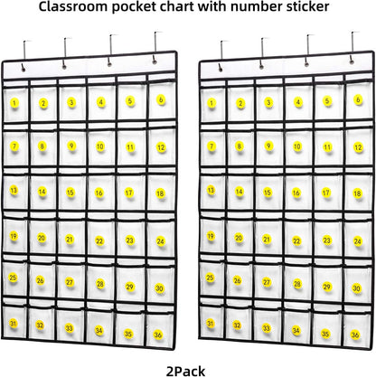 Classroom Pocket Chart for Cell Phone and Calculator Holder, 36 Clear Pocket Chart Organizer for Classroom Cellphone Storage with 36 Number Sticker Size:38.5X25.7 Inch (White-2Pack)