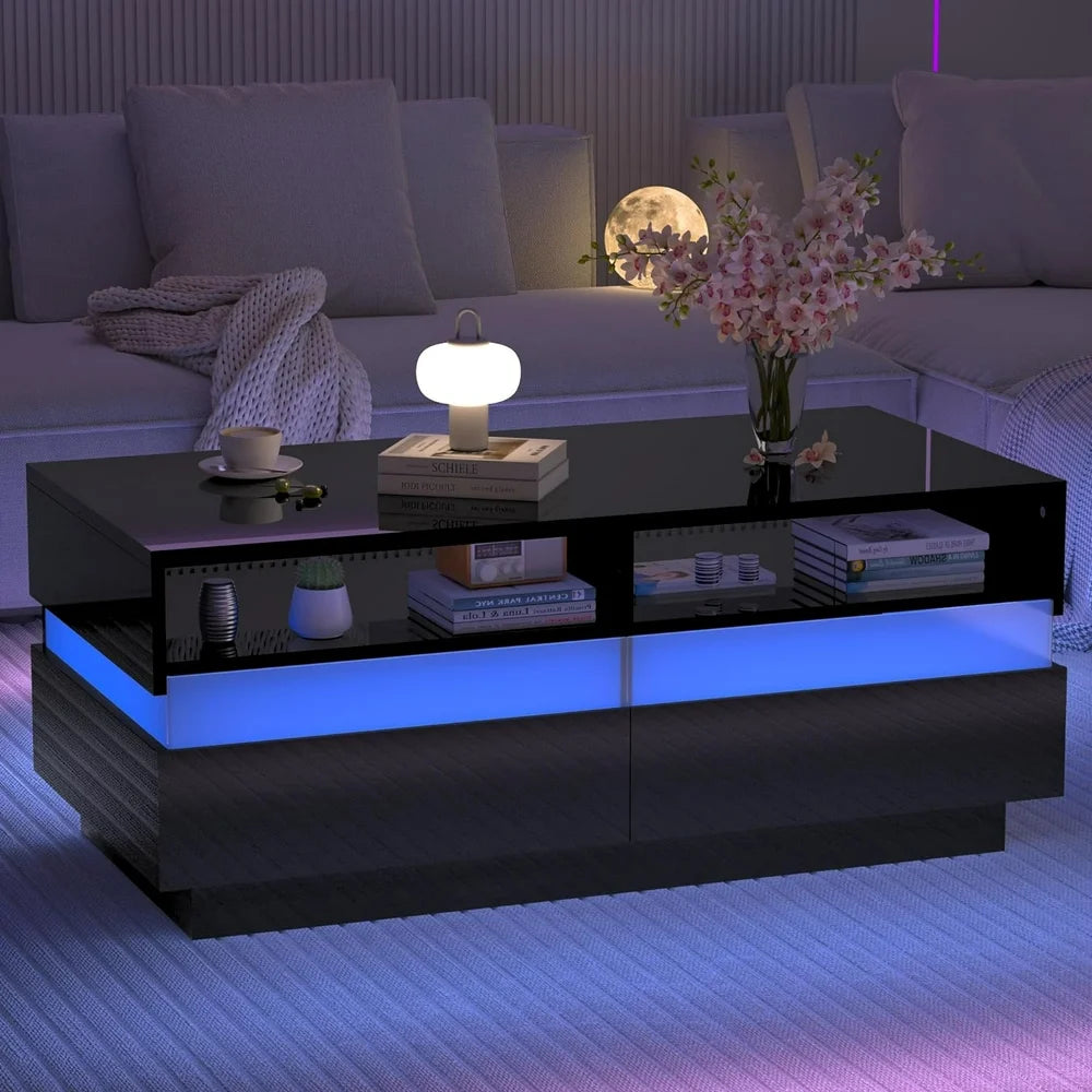 Modern LED Coffee Table W/ 2 Big Storage Drawers,High Glossy 2-Tier Black Coffee Table W/ 60000-Color LED Lights,App Control,Rectangle Center Table W/Open Shelf for Living Room Bedroom