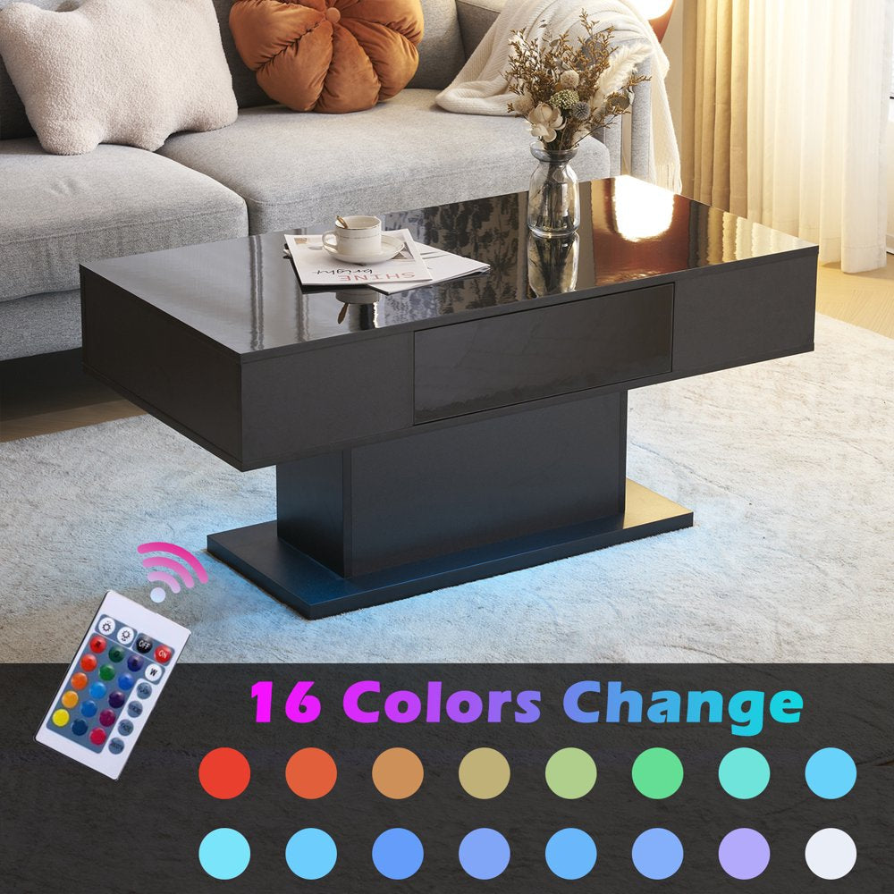 LED Coffee Table with 1 Drawers, High Gloss Cocktail Table Accent Furniture for Living Room 43.3" White