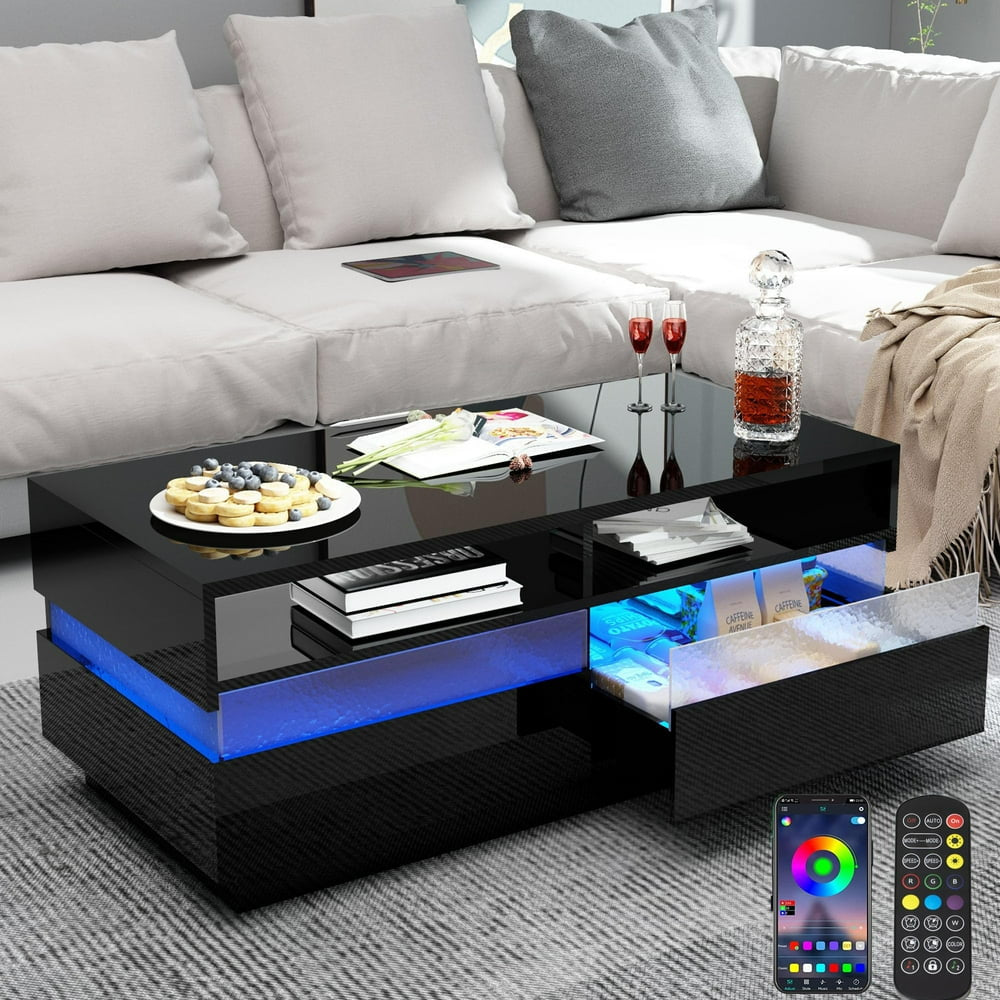 Modern LED Coffee Table W/ 2 Big Storage Drawers,High Glossy 2-Tier Black Coffee Table W/ 60000-Color LED Lights,App Control,Rectangle Center Table W/Open Shelf for Living Room Bedroom