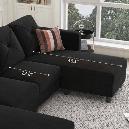 Velvet L/U Shaped Sectional Sofa Couch with Reversible Chaise and Ottoman for Apartment, Black