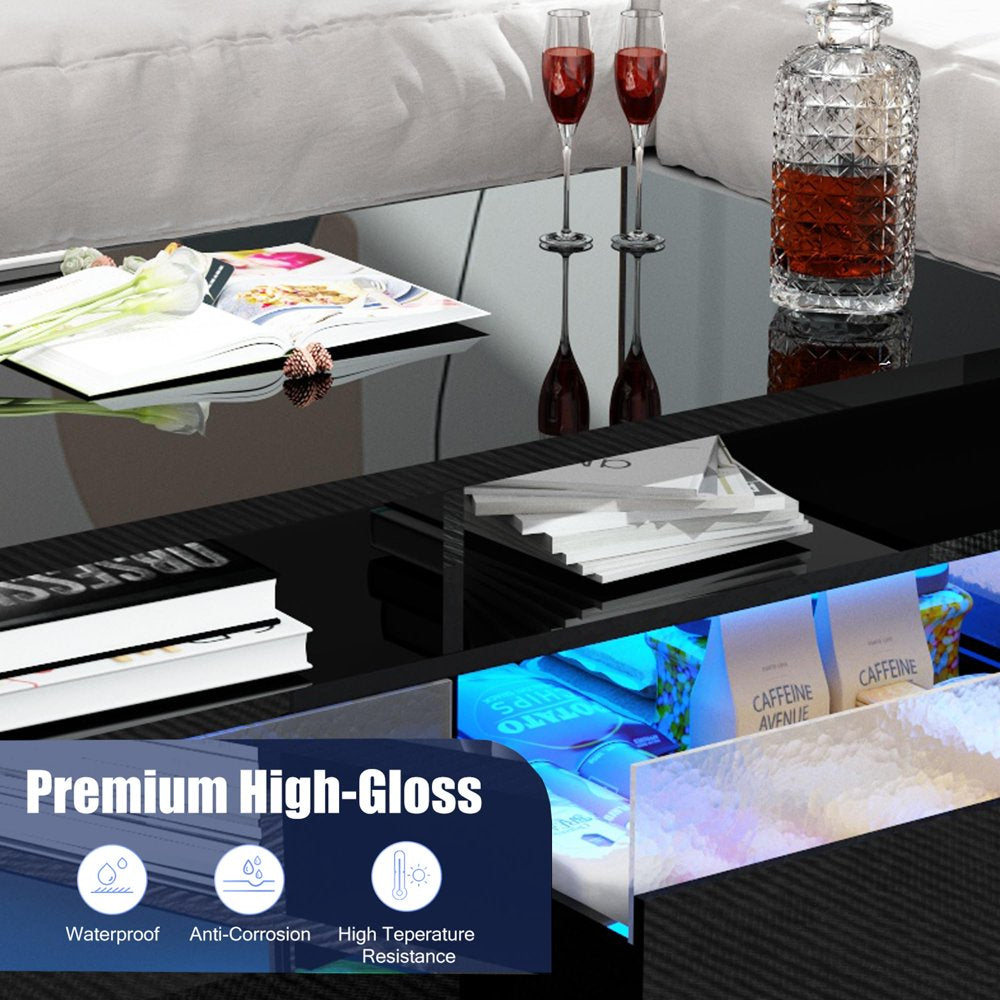 Modern LED Coffee Table W/ 2 Big Storage Drawers,High Glossy 2-Tier Black Coffee Table W/ 60000-Color LED Lights,App Control,Rectangle Center Table W/Open Shelf for Living Room Bedroom