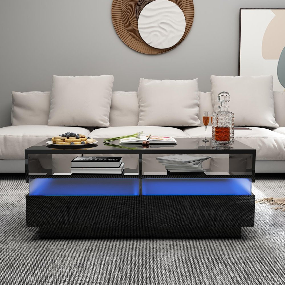 Modern LED Coffee Table W/ 2 Big Storage Drawers,High Glossy 2-Tier Black Coffee Table W/ 60000-Color LED Lights,App Control,Rectangle Center Table W/Open Shelf for Living Room Bedroom