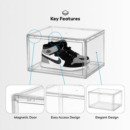 Shoe Storage - 6 Pack Plastic Shoe Storage Boxes - Clear Shoe Storage Boxes Stackable - Magnetic Side Opening Shoe Storage Organizer - Space-Saving Stackable Shoe Boxes - Black