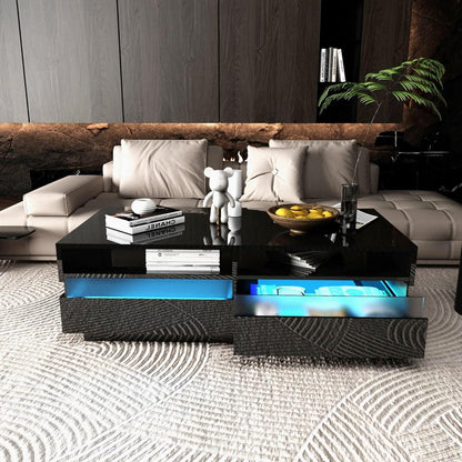 Modern LED Coffee Table W/ 2 Big Storage Drawers,High Glossy 2-Tier Black Coffee Table W/ 60000-Color LED Lights,App Control,Rectangle Center Table W/Open Shelf for Living Room Bedroom