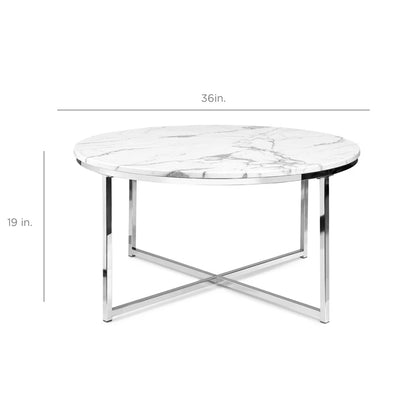 36In Faux Marble Modern round Living Room Accent Coffee Table W/ Metal Frame - White/Chrome