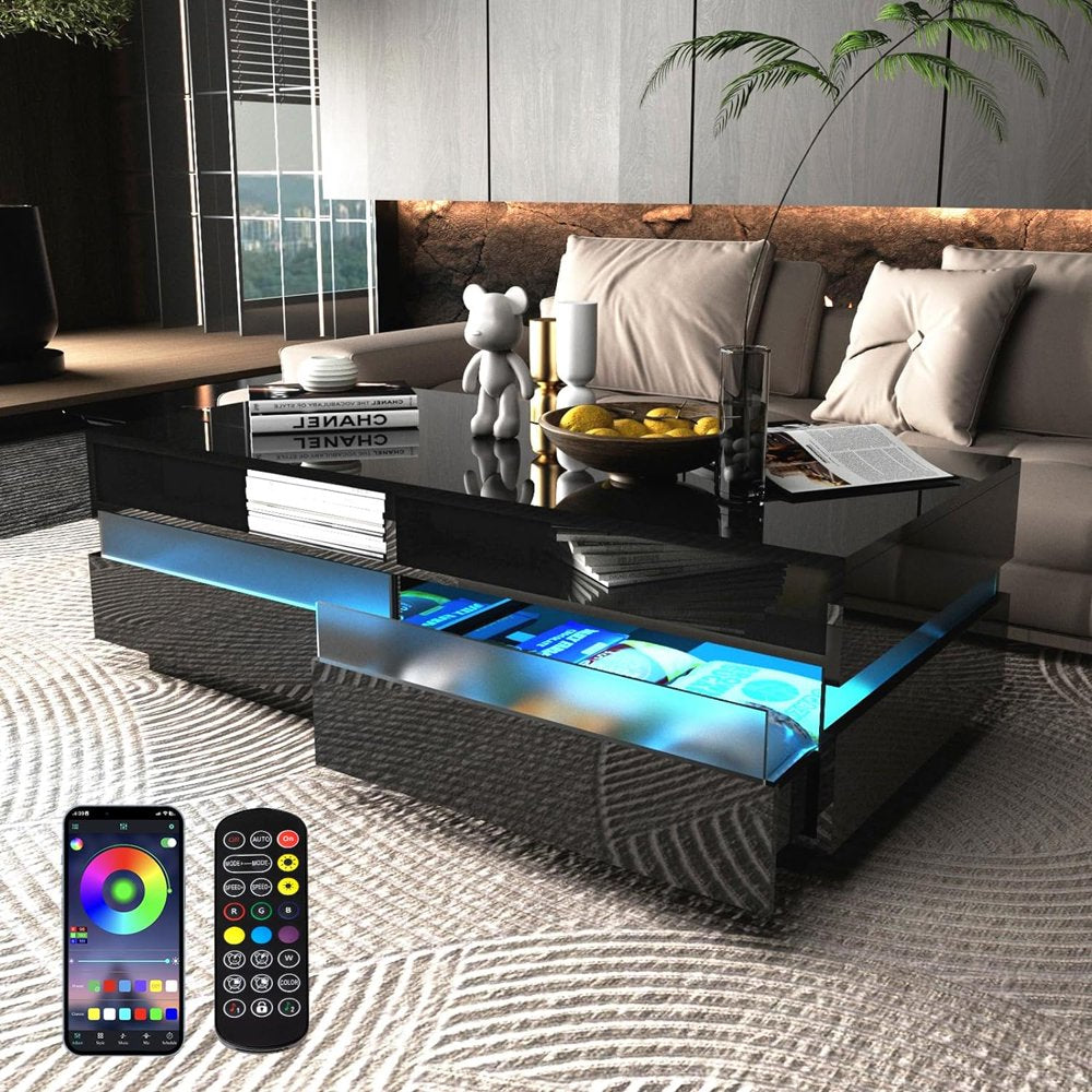 Modern LED Coffee Table W/ 2 Big Storage Drawers,High Glossy 2-Tier Black Coffee Table W/ 60000-Color LED Lights,App Control,Rectangle Center Table W/Open Shelf for Living Room Bedroom